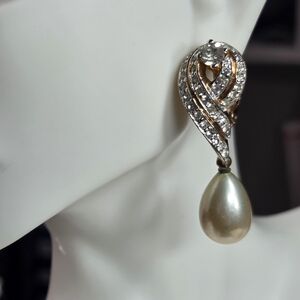 vtg signed panetta pearl drop rhinestone pave crystal elegant pierced earrings